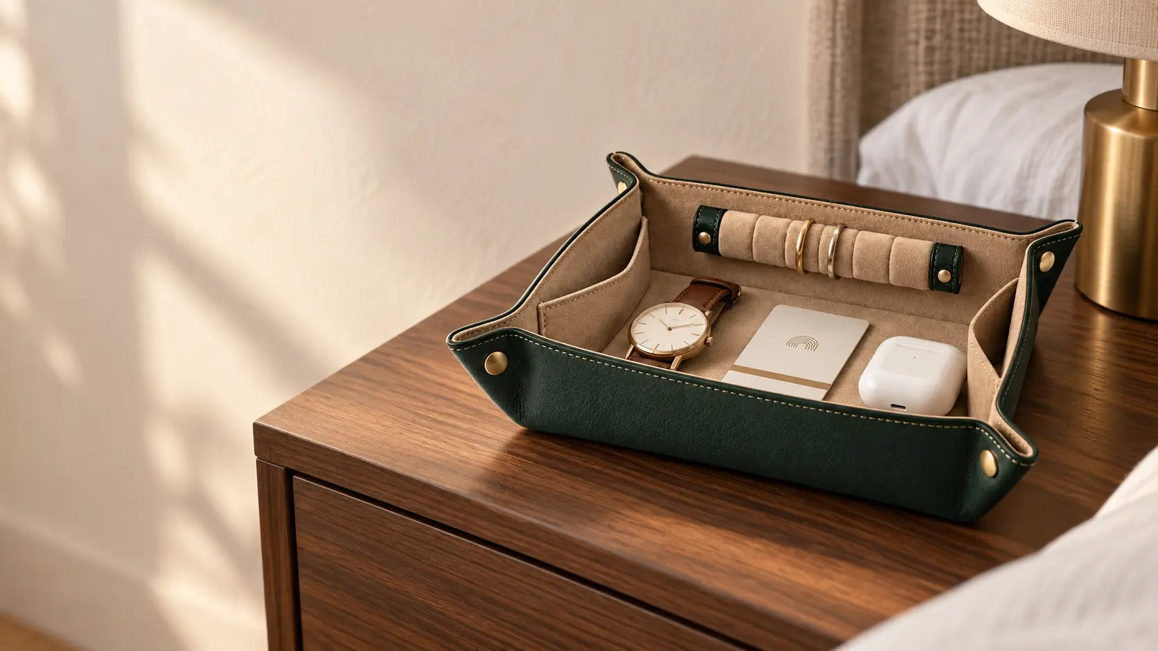 NestFold on a warm wooden bedside table