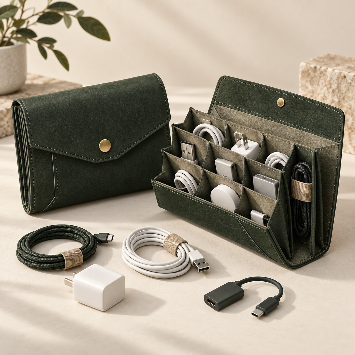 FoldLine Cable Folio in forest green, open with organized travel cables