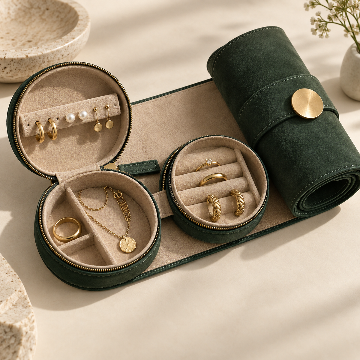 Orbit Jewelry Roll in forest green and sand, opened with jewelry compartments