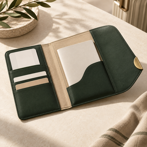 ArcPass Document Wallet in forest green with passport and card sleeves