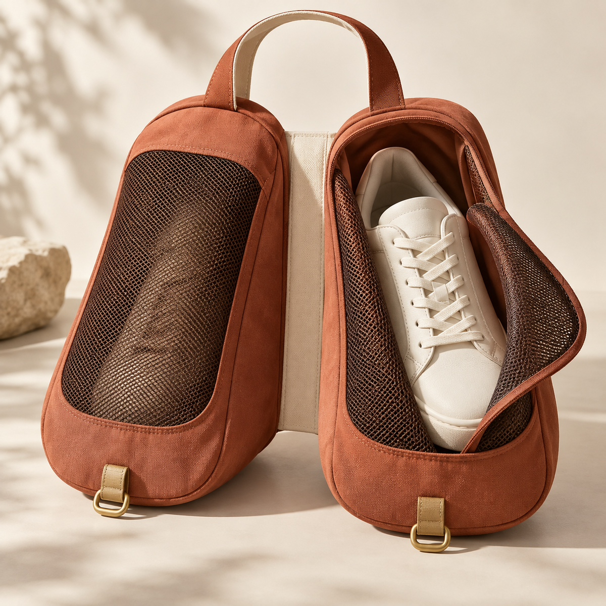 SoftStep Shoe Keeper in terracotta with one open shoe sleeve