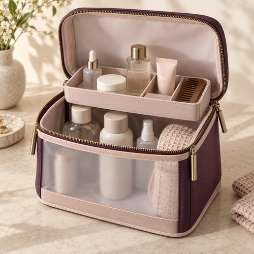 ClearDay Toiletry Cube in plum and frosted translucent panels