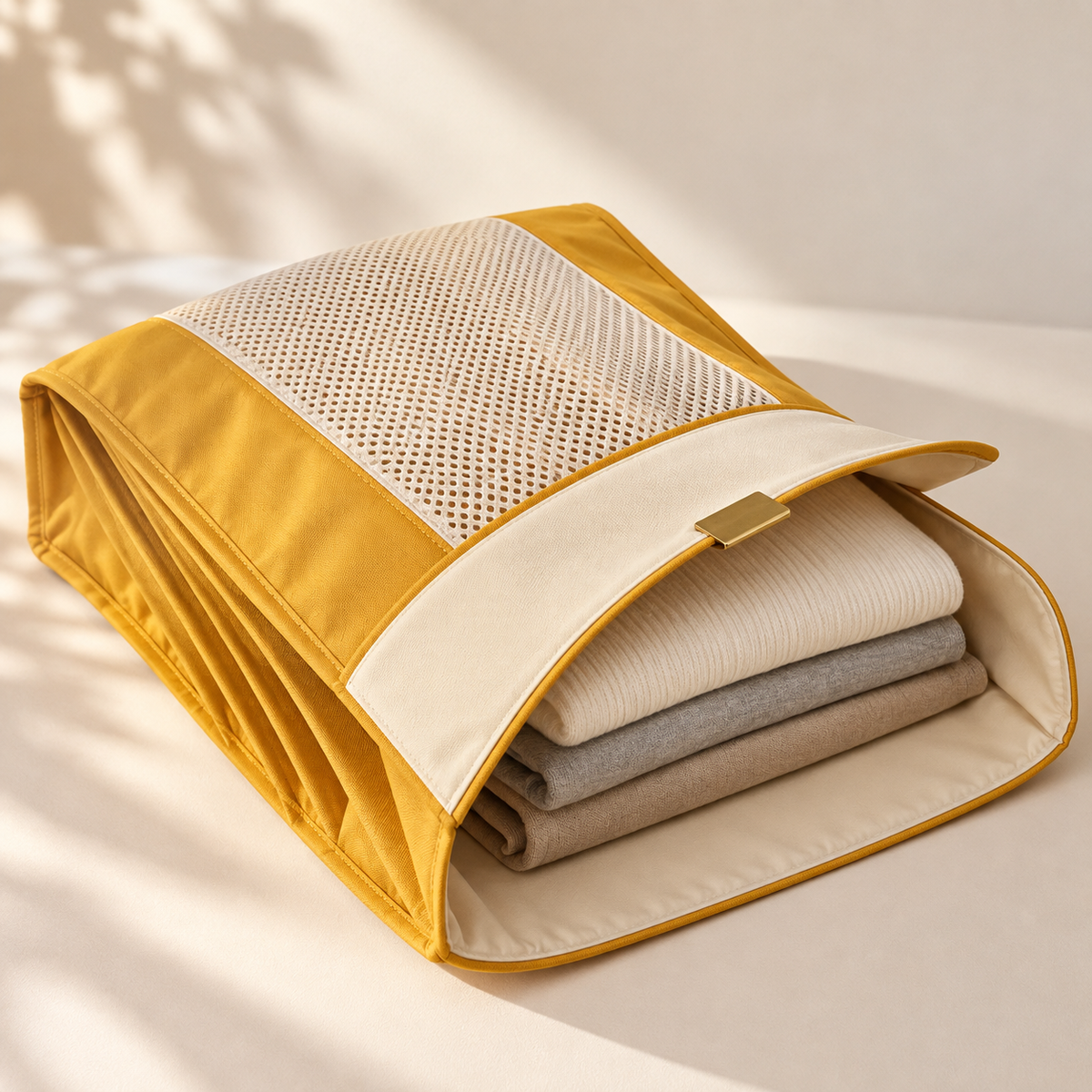 QuietFold Laundry Sleeve in saffron and cream with folded clothing