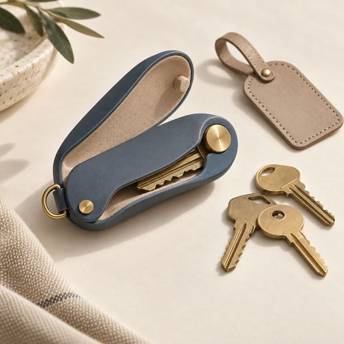 ClipNest Key Organizer in slate blue with keys and luggage tag