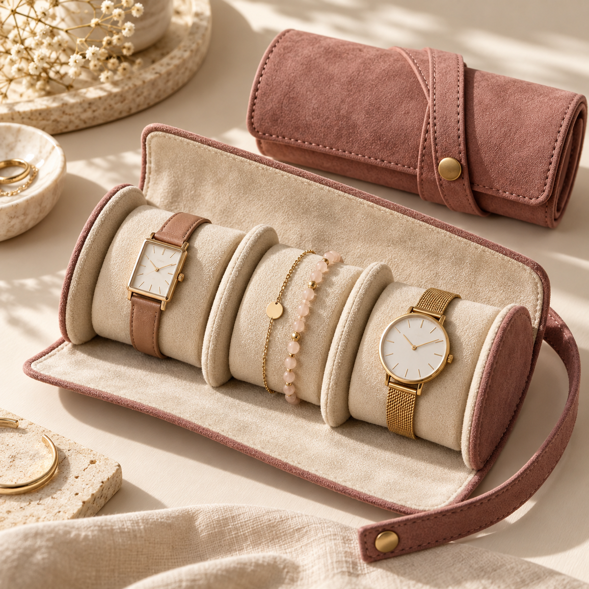 DriftWatch Travel Roll in dusty rose, open with watches and jewelry