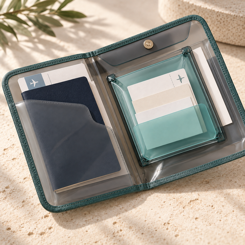 AirPocket Document Case open with navy sleeve and teal pocket