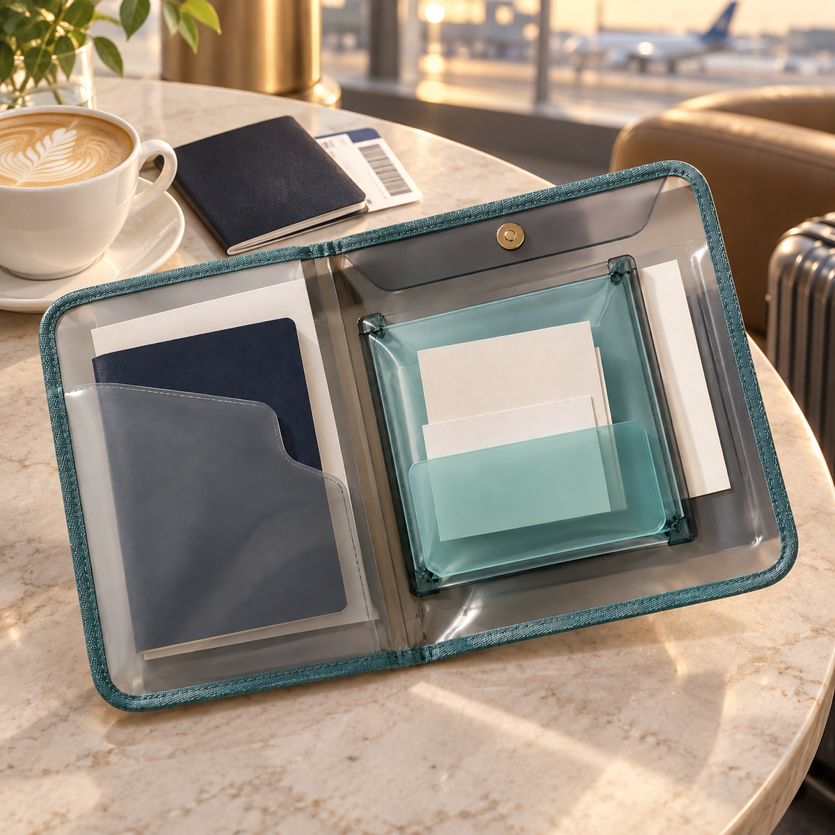AirPocket Document Case open on an airport lounge table