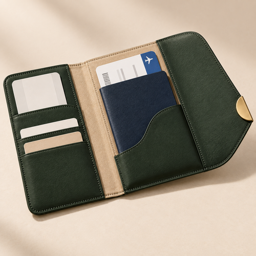 ArcPass Document Wallet open in forest green and tan