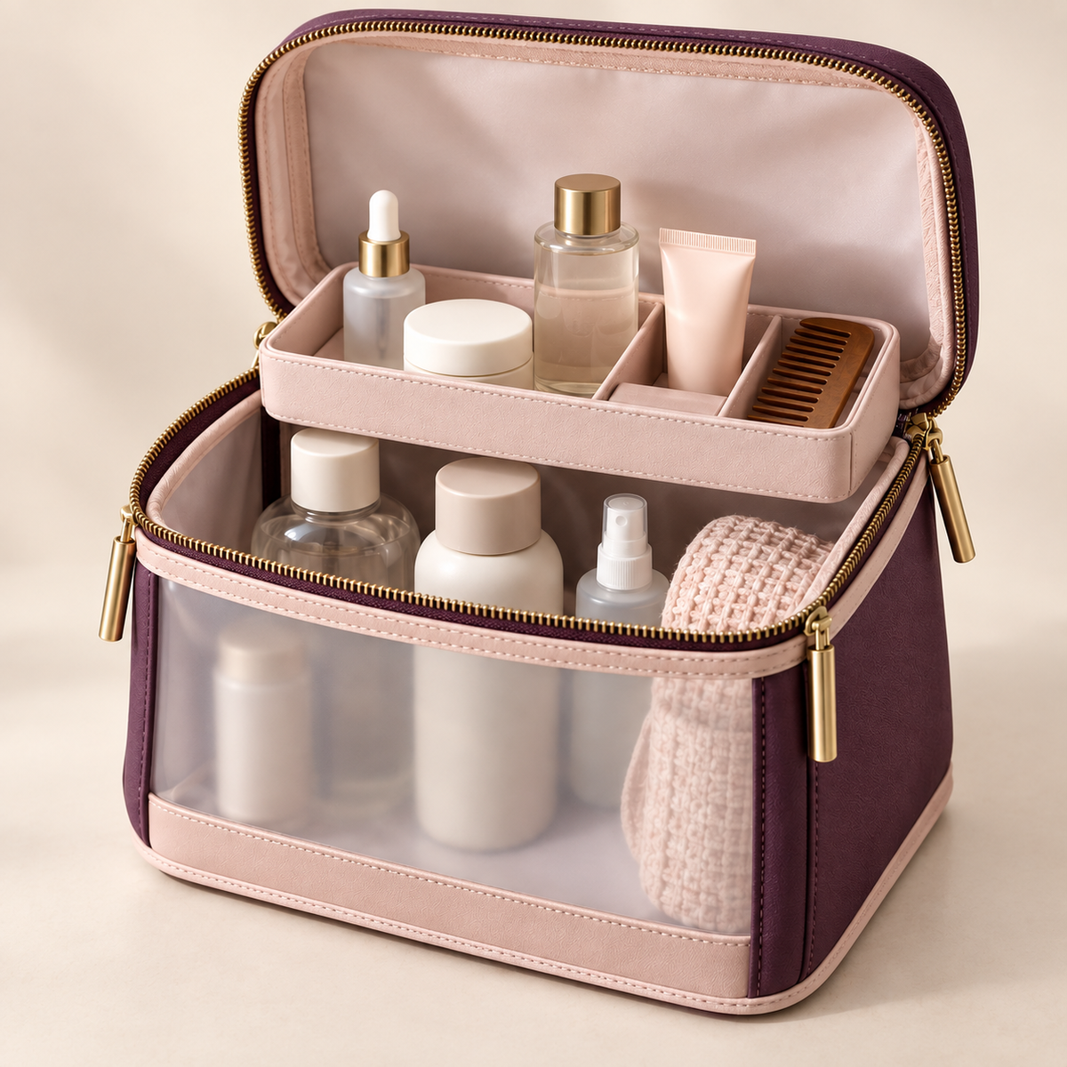 ClearDay Toiletry Cube in plum with blush lining and bottles