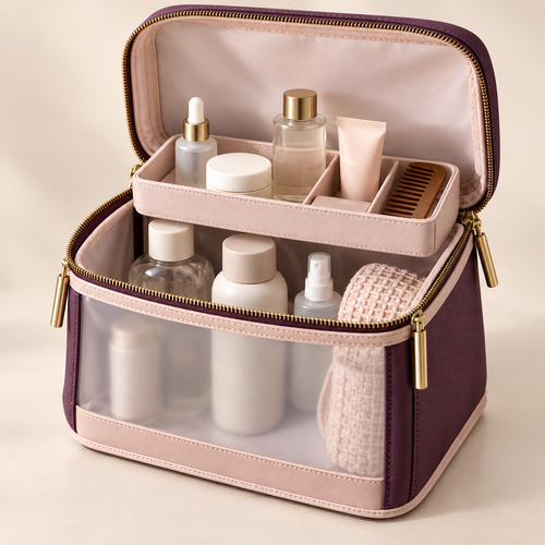 ClearDay Toiletry Cube in plum with blush lining and bottles