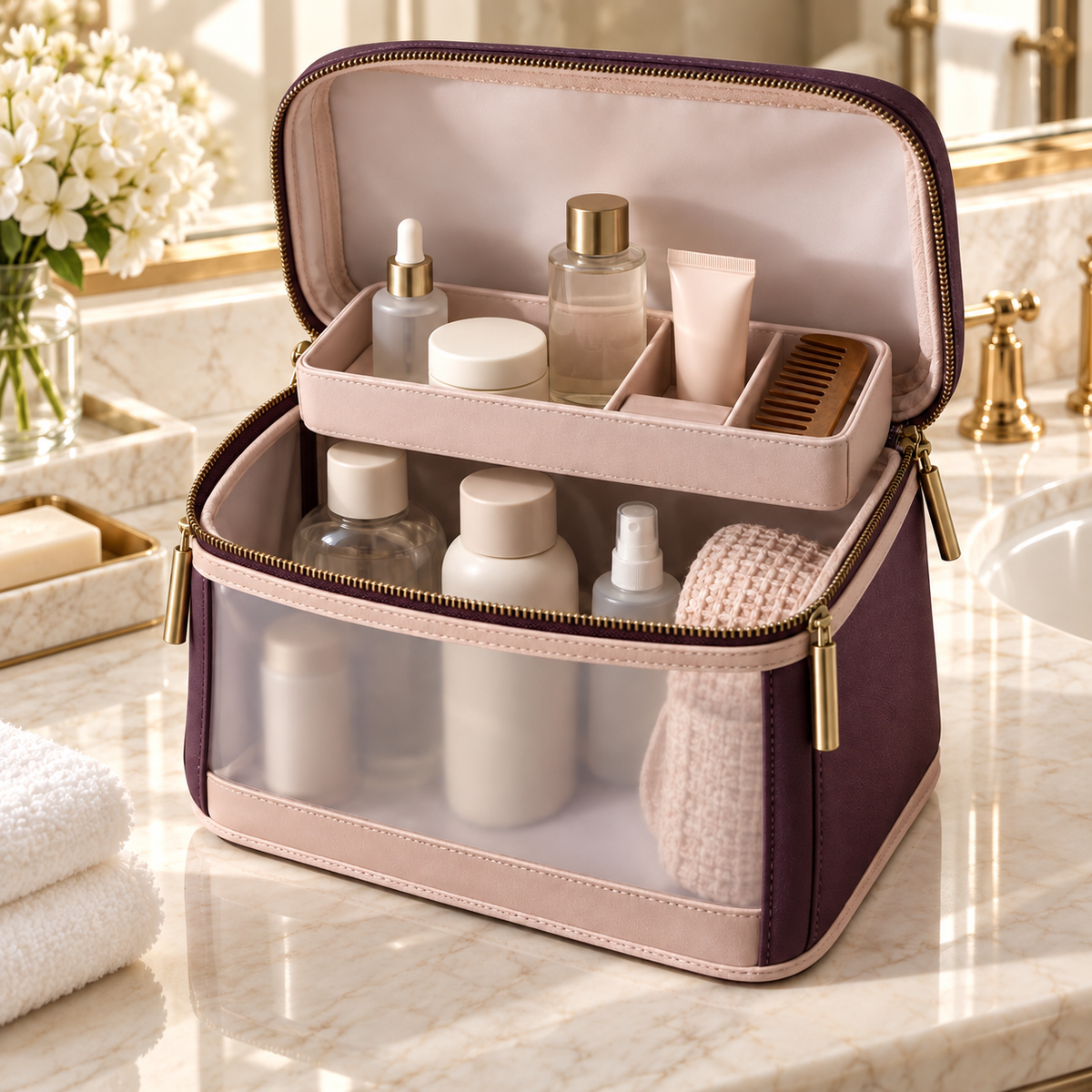 ClearDay Toiletry Cube open on a hotel bathroom counter