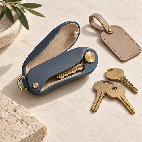ClipNest Key Organizer in navy with tan loop and keys