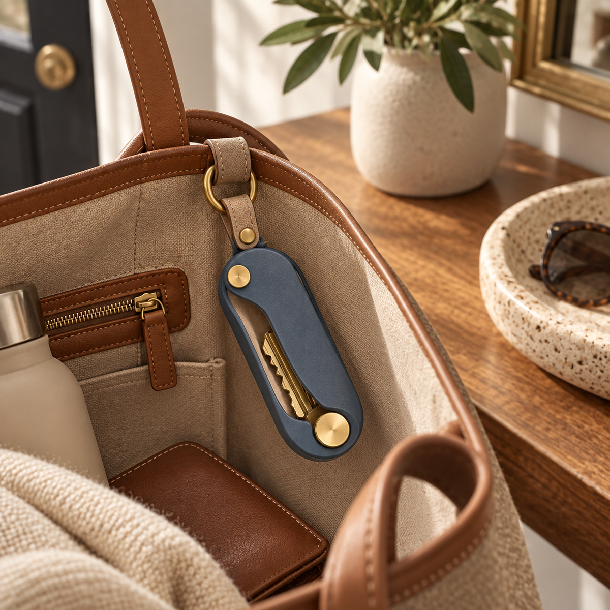 ClipNest Key Organizer attached inside a travel tote