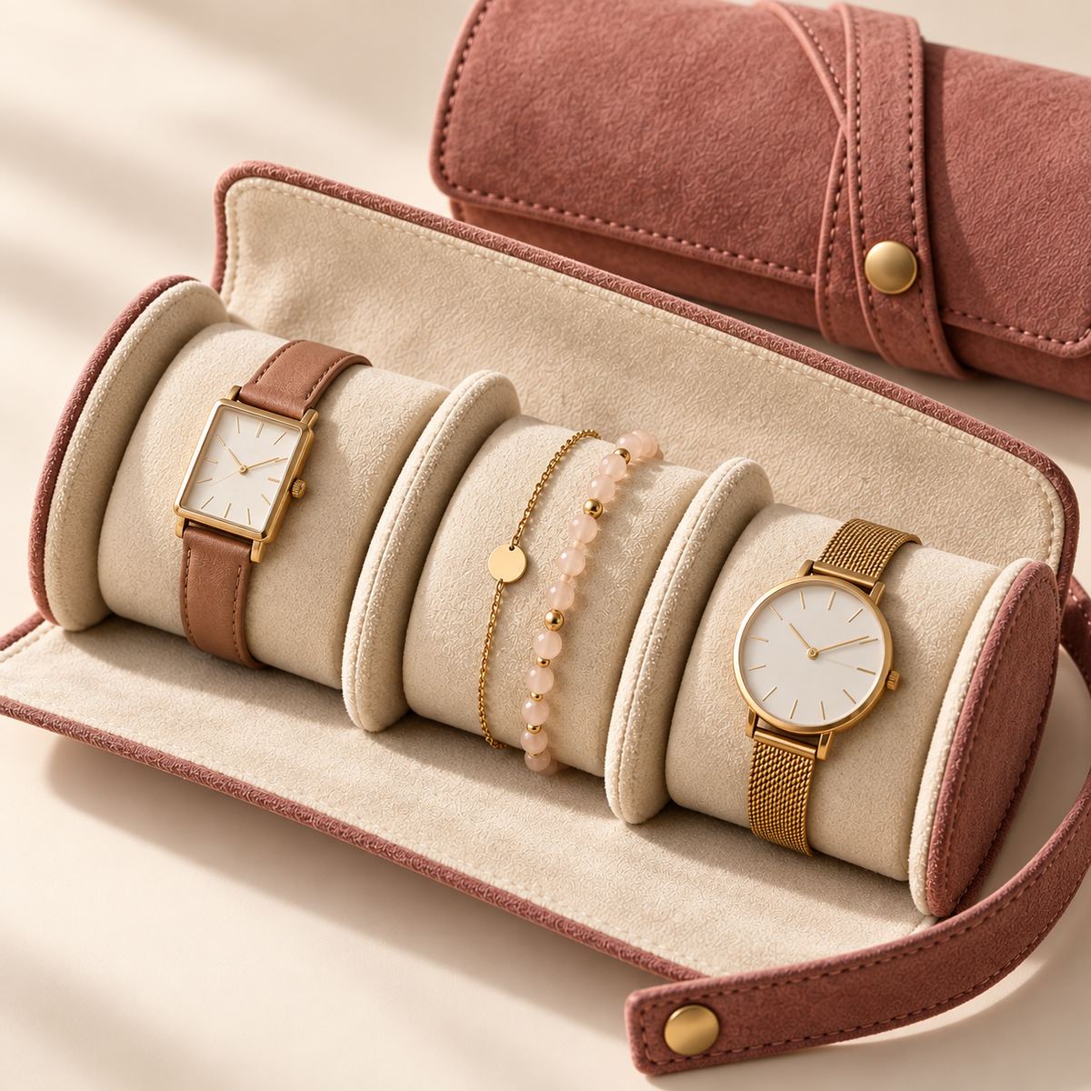 DriftWatch Travel Roll in rose brown with three padded watch channels