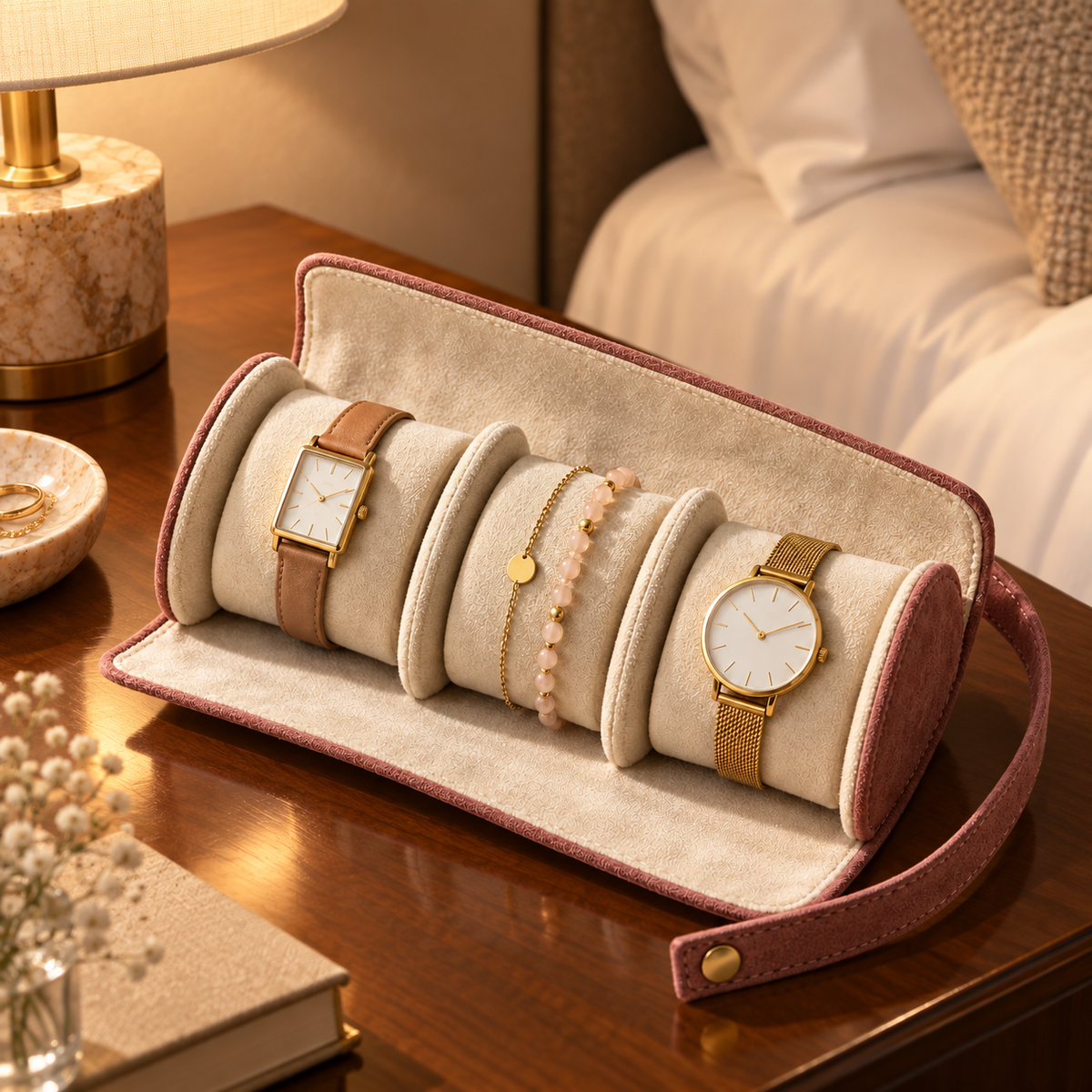DriftWatch Travel Roll open on a hotel bedside table