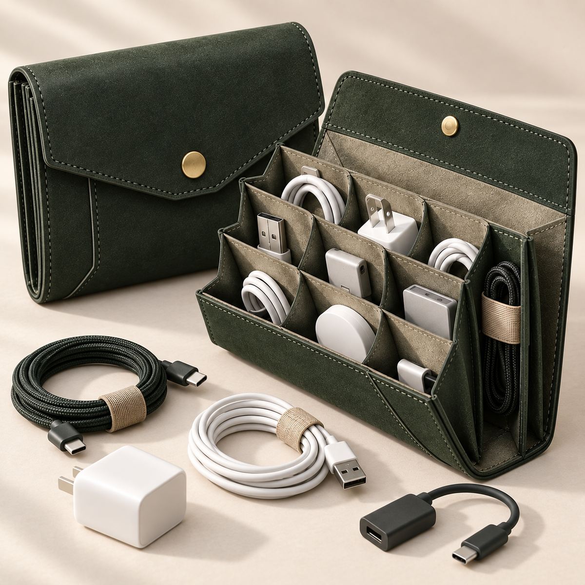 FoldLine Cable Folio in deep green open with organized cables