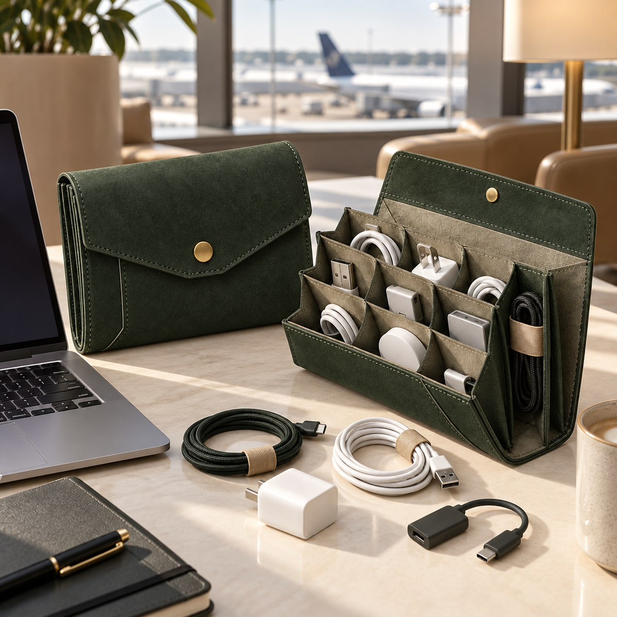 FoldLine Cable Folio open beside a laptop
