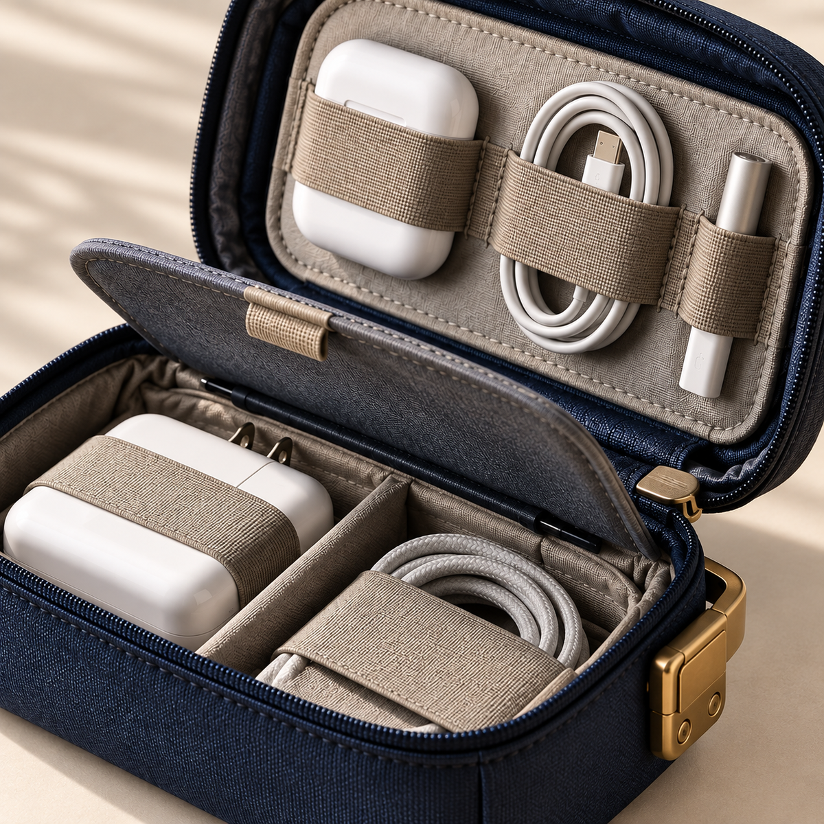 LatchWeave Tech Pouch in navy open with chargers and cables