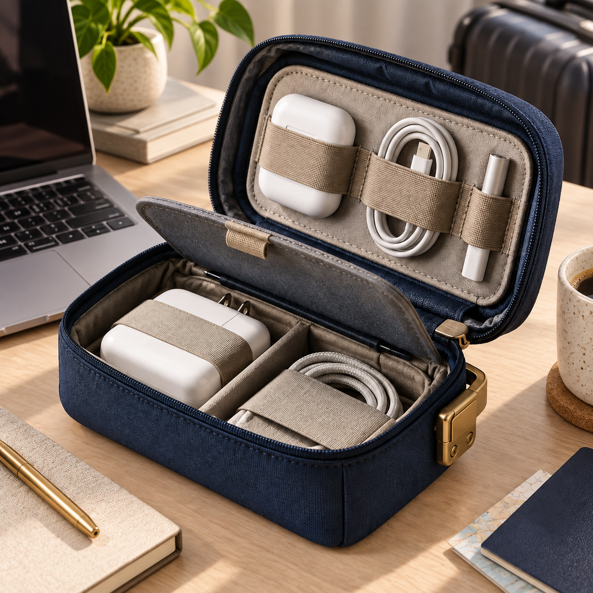 LatchWeave Tech Pouch open on a work-travel desk