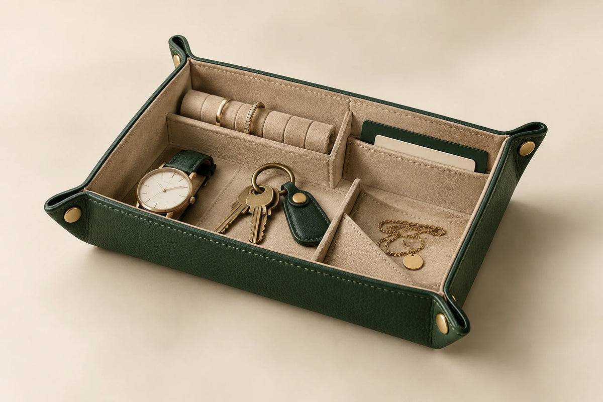 Velnoriva NestFold Travel Valet assembled in forest green and sand microsuede