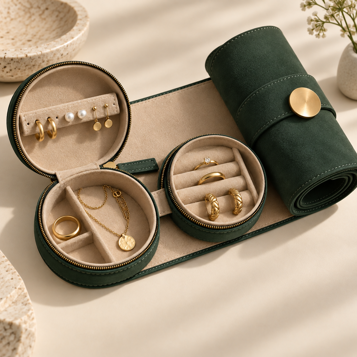 Orbit Jewelry Roll in deep green with round padded compartments