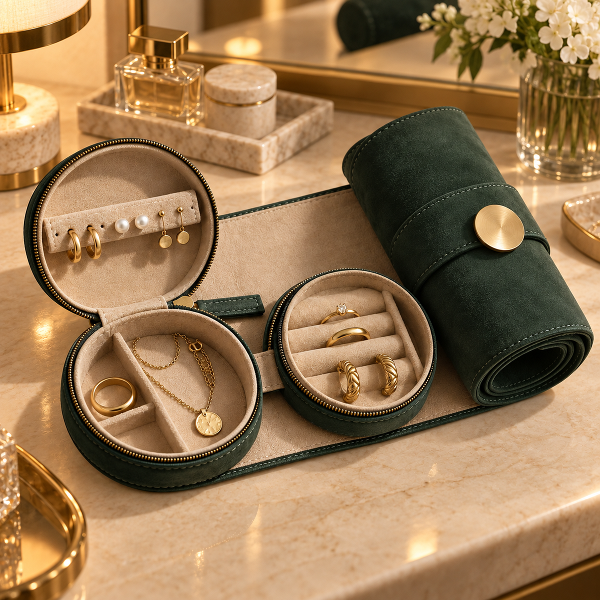 Orbit Jewelry Roll open on a hotel vanity