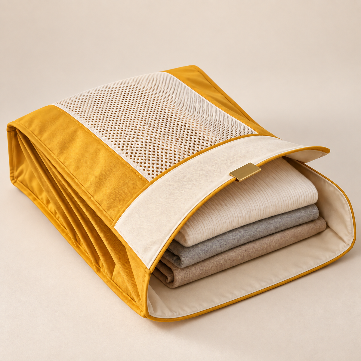 QuietFold Laundry Sleeve in saffron yellow with folded clothing