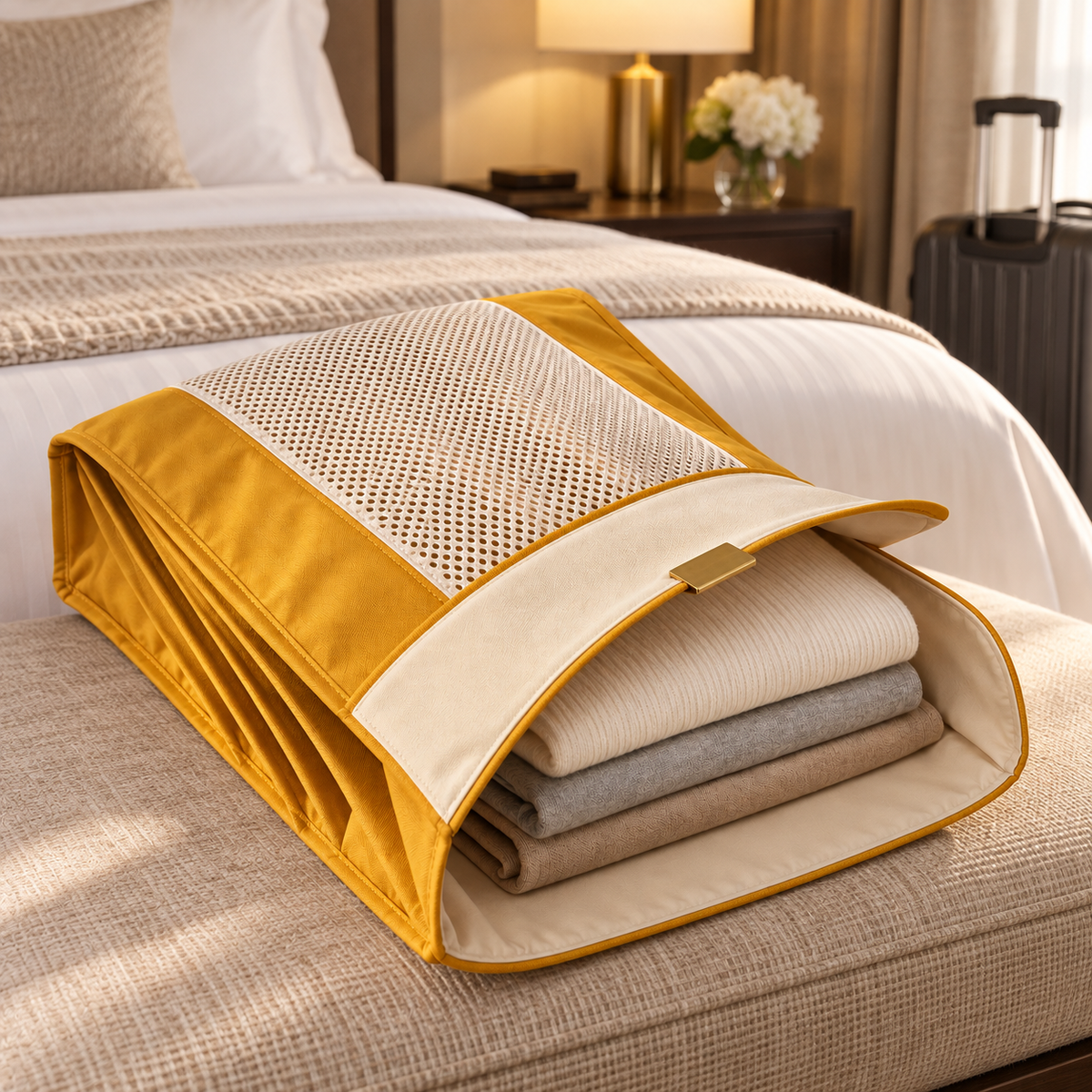 QuietFold Laundry Sleeve on a hotel bed