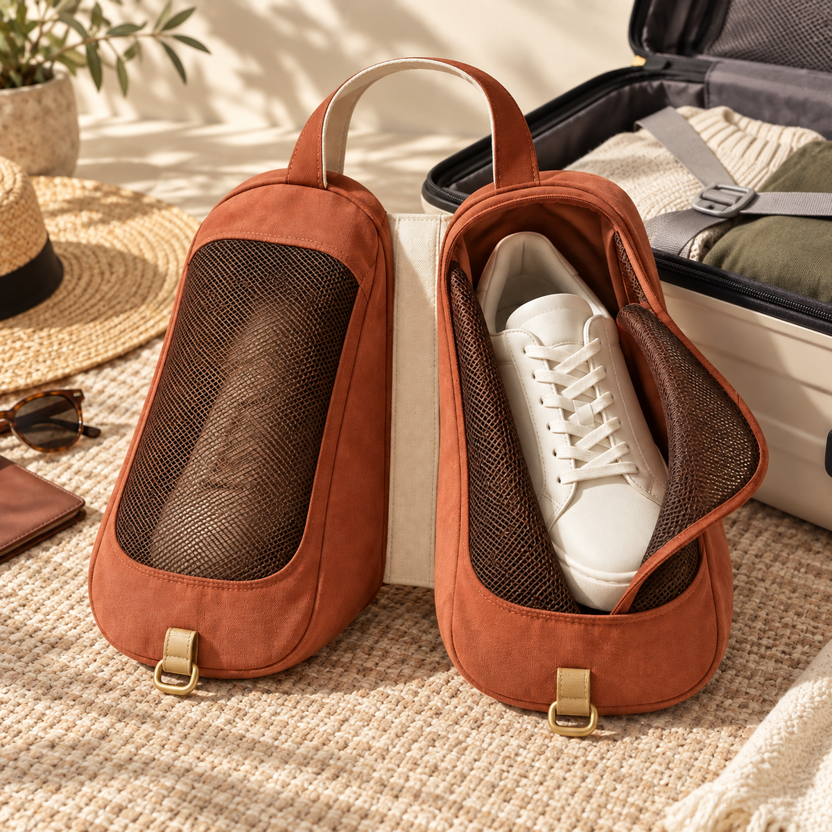 SoftStep Shoe Keeper pair beside an open suitcase