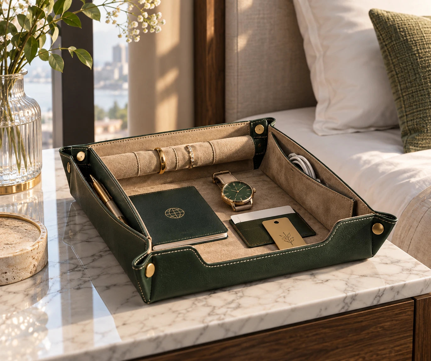 Aureli NestFold Travel Valet on a warm boutique-hotel bedside table